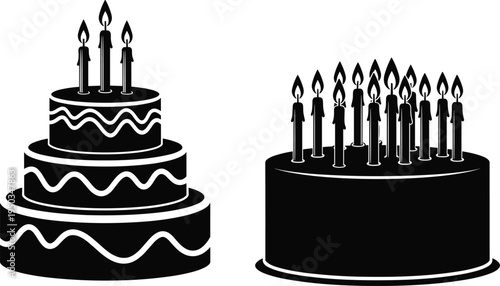 Birthday cake silhouettes set cad drawing flat vector illustration with tiered cake, candles, and flames isolated on white background.