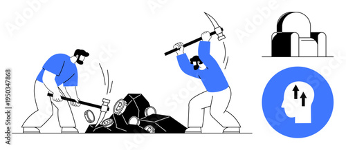 Mining process. Workers engaging in resource extraction using tools and machinery for mining. Mining industry exploration, resource management, heavy equipment, productivity enhancement, industrial