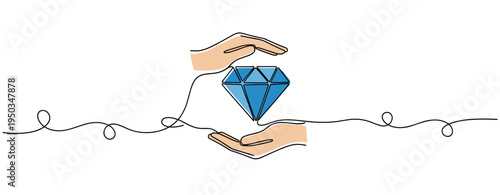 Hands holding diamond jewel in minimal continuous line. no editable strokes