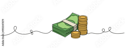 Stacked cash and coins piled together on white surface. no editable strokes