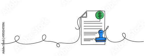 Stamped contract with currency sticker on continuous line. no editable strokes