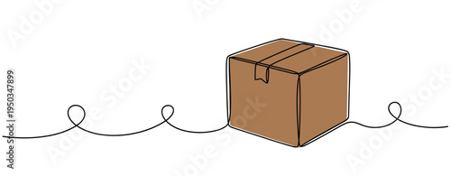 Cardboard box sitting in continuous line illustration on white. no editable strokes