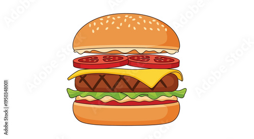 Delicious Burger with Fresh Ingredients Isolated on White Background