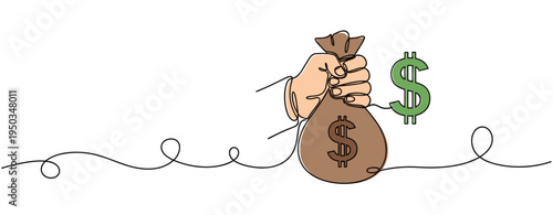 Hand gripping money bag over continuous line with dollar sign. no editable strokes