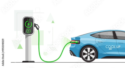 Electric car charging station, blue EV plugged in, green energy concept, modern technology