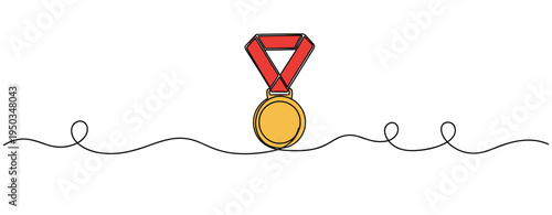 Medal hanging on ribbon above continuous line surface. no editable strokes