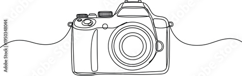 Continuous one line drawing of professional DSLR camera, digital photography equipment symbol for hobbyist, photographer, media, journalist, and creative studio.