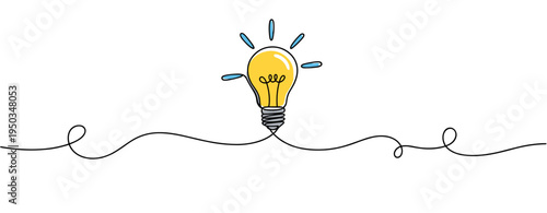 Light bulb glowing on continuous line white background. no editable strokes