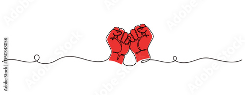 Red fists clasped together in continuous line on white background. no editable strokes