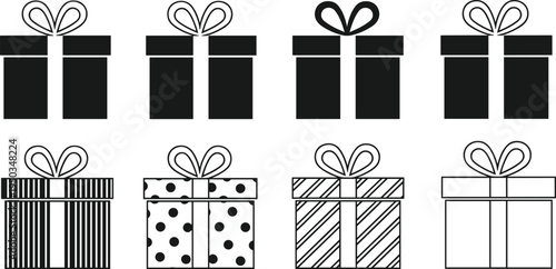 Gift box icons set cad drawing flat vector illustration with various patterns, polka dots, stripes, and ribbons isolated on white.
