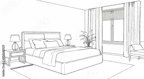 A sketch of a bedroom with a large bed, nightstand, plant, window, and sofa