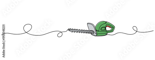 Green electric hedge trimmer resting on plain white background. no editable strokes