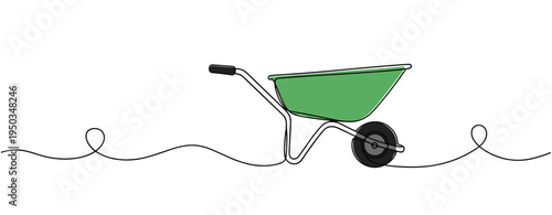 Green garden wheelbarrow positioned on white line background. no editable strokes