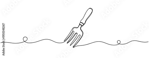 Fork resting on continuous line surface in simple drawing illustration. no editable strokes