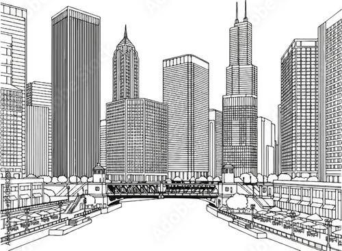A sketch of a city skyline with a river and bridges