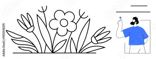 Art design, creativity, digital media, nature, floral concepts, innovation. A flower bed in black and white with a person drawing in a blue shirt. Creativity and digital media illustration