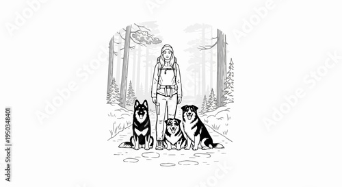 A person with a backpack stands with three dogs on a forest path