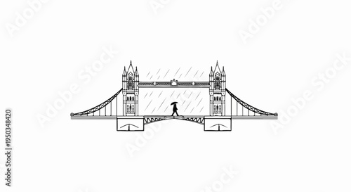 A person with an umbrella walks across a bridge during a rainstorm