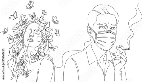 Continuous one line drawing of woman with butterflies and man in medical mask smoking cigarette, conceptual art about health and nature,