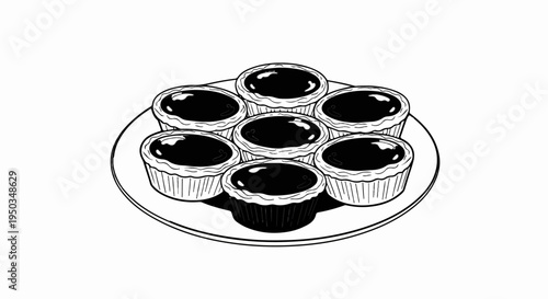 A plate of seven dark-filled tarts arranged in a circular pattern