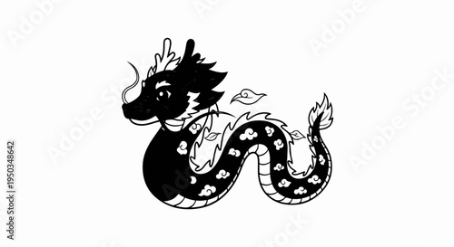 A playful, cartoonish black dragon with a long, wavy body and cloud designs