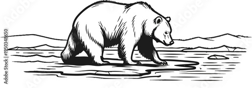 A monochrome drawing of a bear walking across a frozen landscape with hills in the background