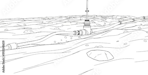 A monochrome line drawing depicts a network of pipes and fittings on a rocky, undulating surface