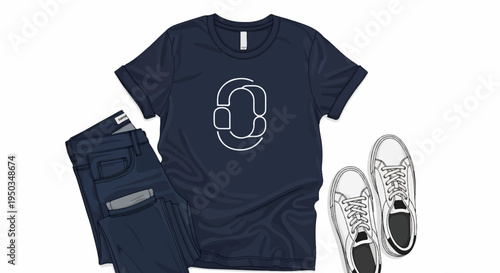 A navy t-shirt with a white abstract graphic, dark jeans, and white sneakers