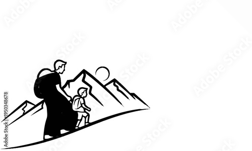 A parent and child hike up a mountain under a circular sun