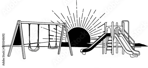 A playground scene with swings, slides, and a stylized sunburst