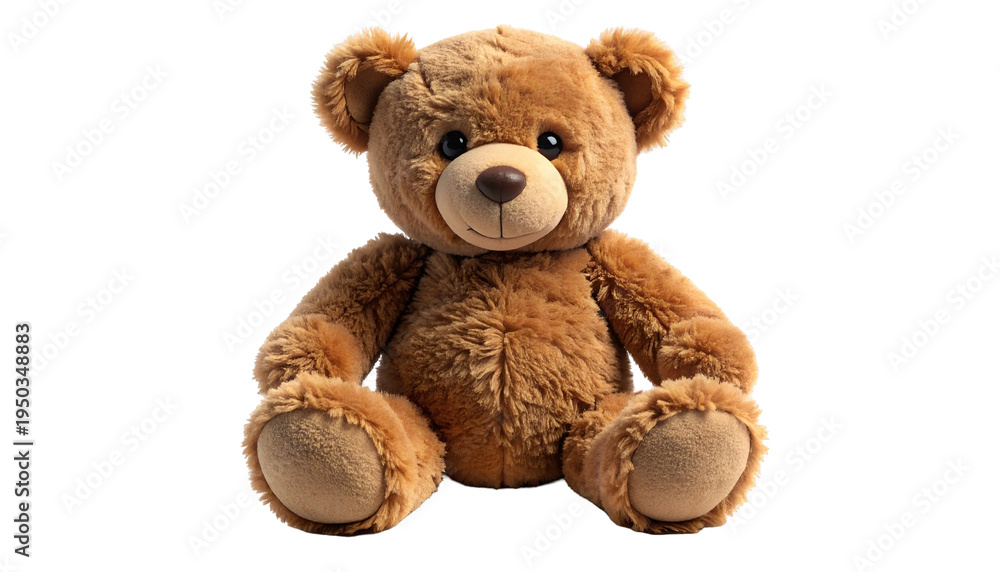 Obraz premium Adorable brown plush toy bear with fluffy fur, sitting, on a black background