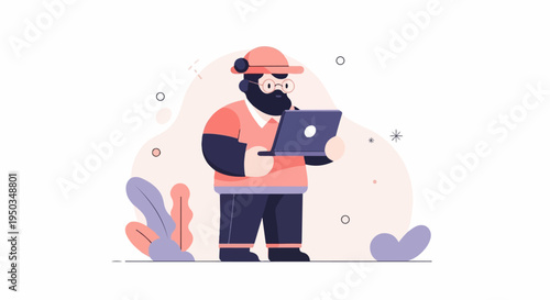 A person in a hat and glasses holds a laptop, with abstract shapes and plants