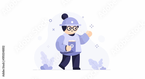 A person in a hat and glasses holds a coffee cup while walking