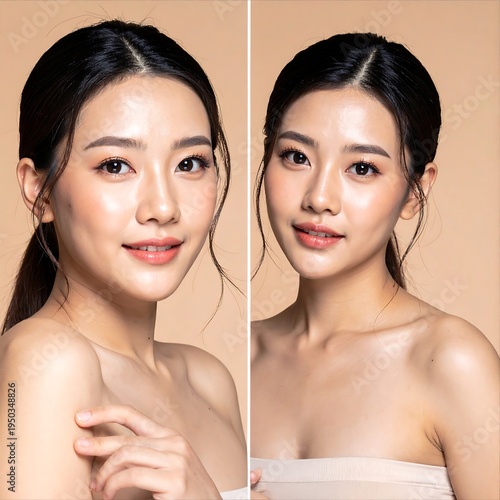 A young woman's portrait split into two identical photos