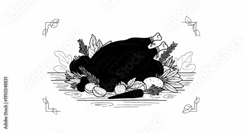 A roasted bird with vegetables and herbs, illustrated in a graphic style