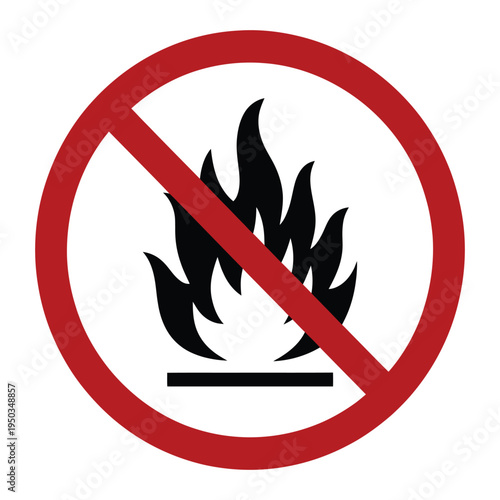Safety warning sign featuring black flame symbol within red prohibition circle for marking hazardous areas and combustible materials