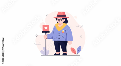 A person in a hat, glasses, and coat holds a selfie stick with a heart icon