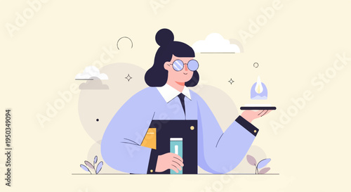 A scientist in lab coat holds a test tube and a tray with a flame