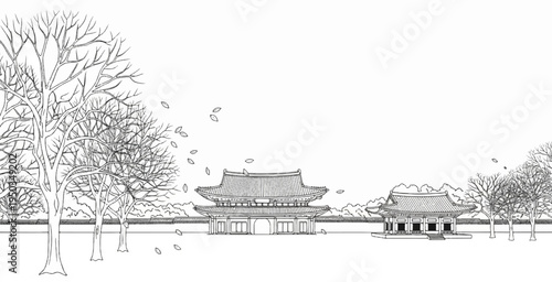 A serene line art depiction of ancient East Asian architectural structures amidst trees