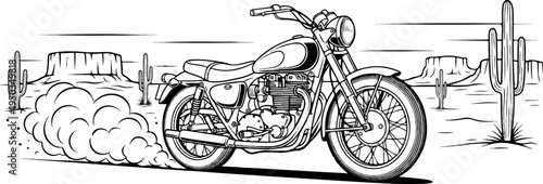 A classic motorcycle speeds through a desert landscape