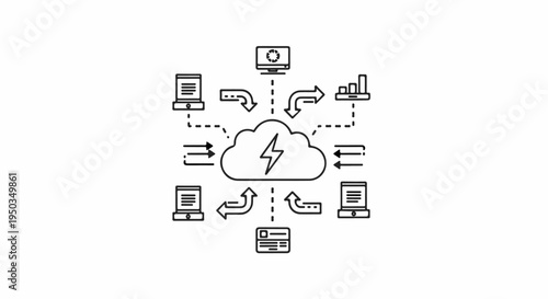 A cloud icon with lightning, connected to devices and data flow arrows