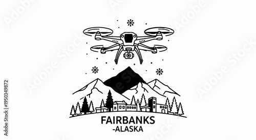 A drone flies above a snowy mountain range with a small town below