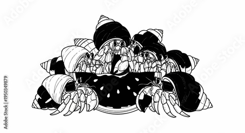 A cluster of hermit crabs with shells piled together on a dark surface