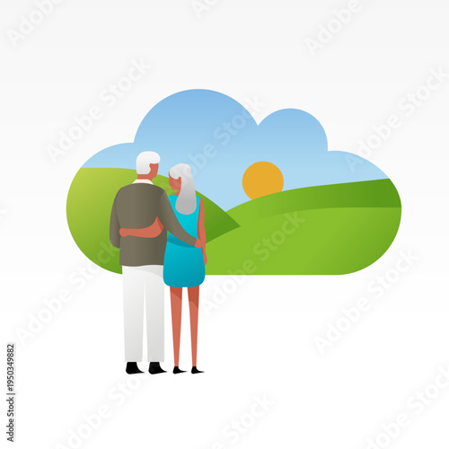 Elderly Couple Embracing and Watching Sunset Through Cloud Window, Retirement Planning and Happy Senior Life Concept, Flat Vector Illustration of Aging Together Isolated on White