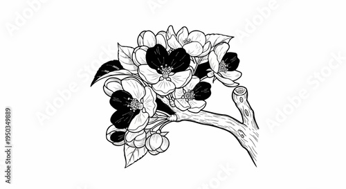 A black and white illustration of a branch with blooming flowers and buds