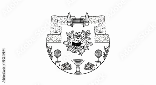 A stylized black and white drawing of a garden scene