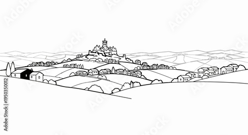 A line drawing of a quaint village nestled in rolling hills
