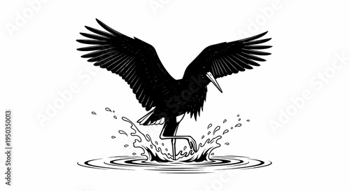 A bird with outstretched wings lands in water, creating a splash