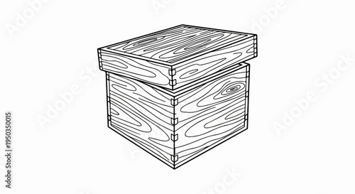 A stylized black and white drawing of a wooden box with a lid