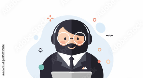 A bearded man in headphones and a suit with glasses looks at a laptop
